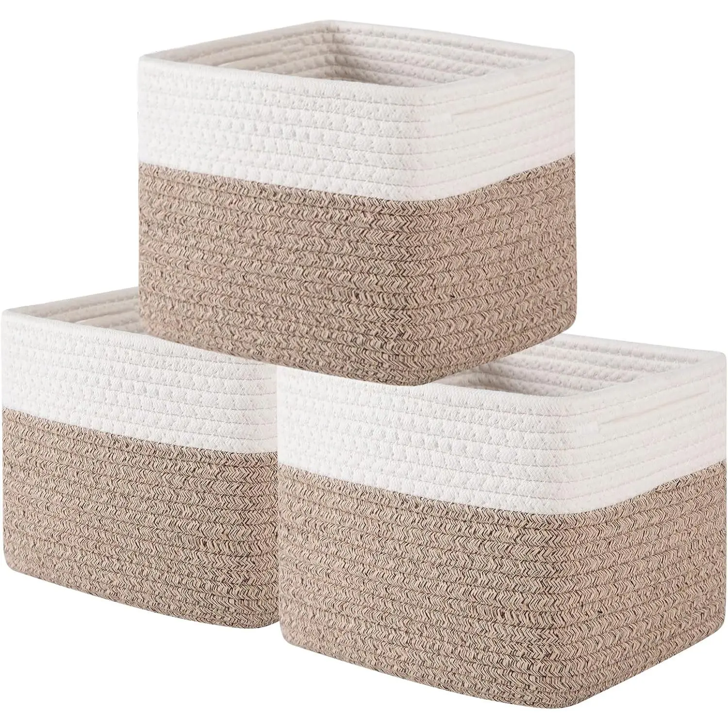 9”x9”x7” Storage Cubes, Cotton Rope Woven Baskets for Organizing, Cube Storage Bin, Small Gift Basket for Shelf, 3-Pack, Brown&White