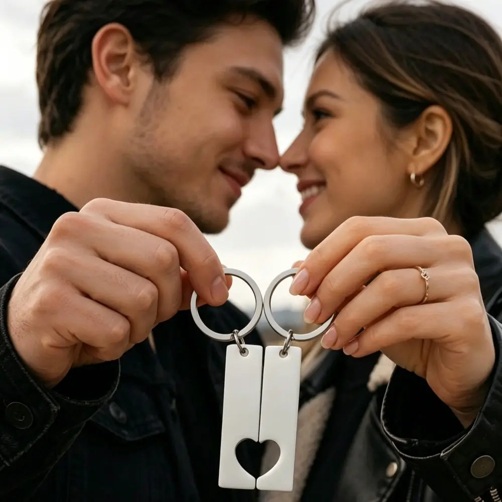 77mm Stainless Steel Heart-Shaped Interlocking Keychain (Engravable) — Matching Set for Couples; A Stylish, Personalized Gift for Best Friends, Boyfriends, or Girlfriends, Hearts, Fully Engraveable, Matching Pair, Birthday, Customizable Keychains, Durable