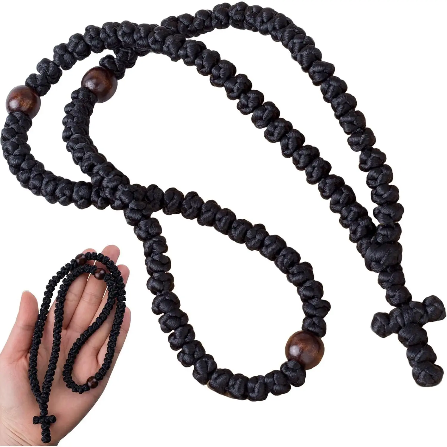 Christian Orthodox Prayer Rope,  100 Knots Braided Greek Prayer Rope  Charm,   Protection Blessing Decor for Women, Men - Black, 1 count