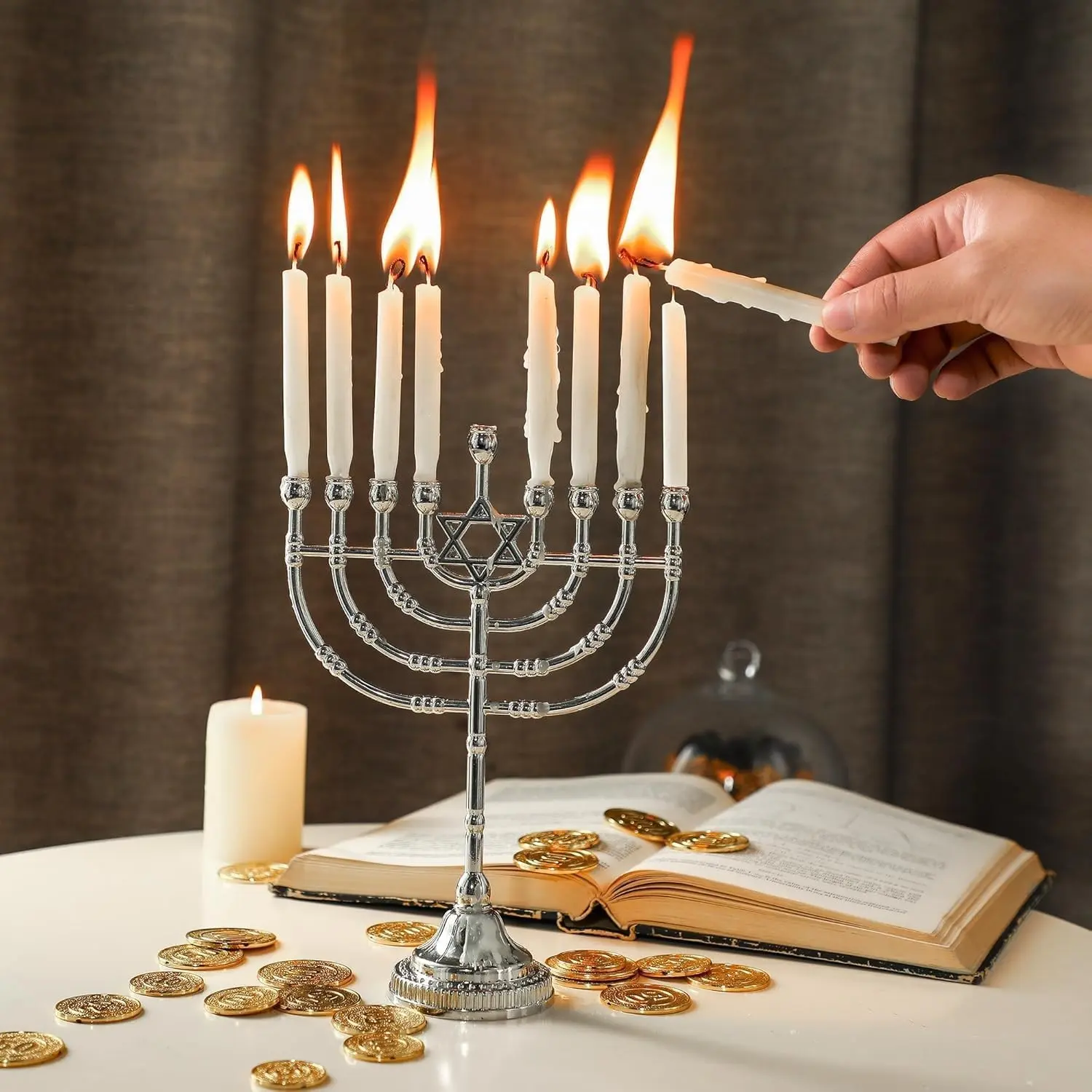 Traditional Jewish Star of David Motif Candle Holder - 8.6in Hanukkah Menorah for Holiday Decorations, Star Motif