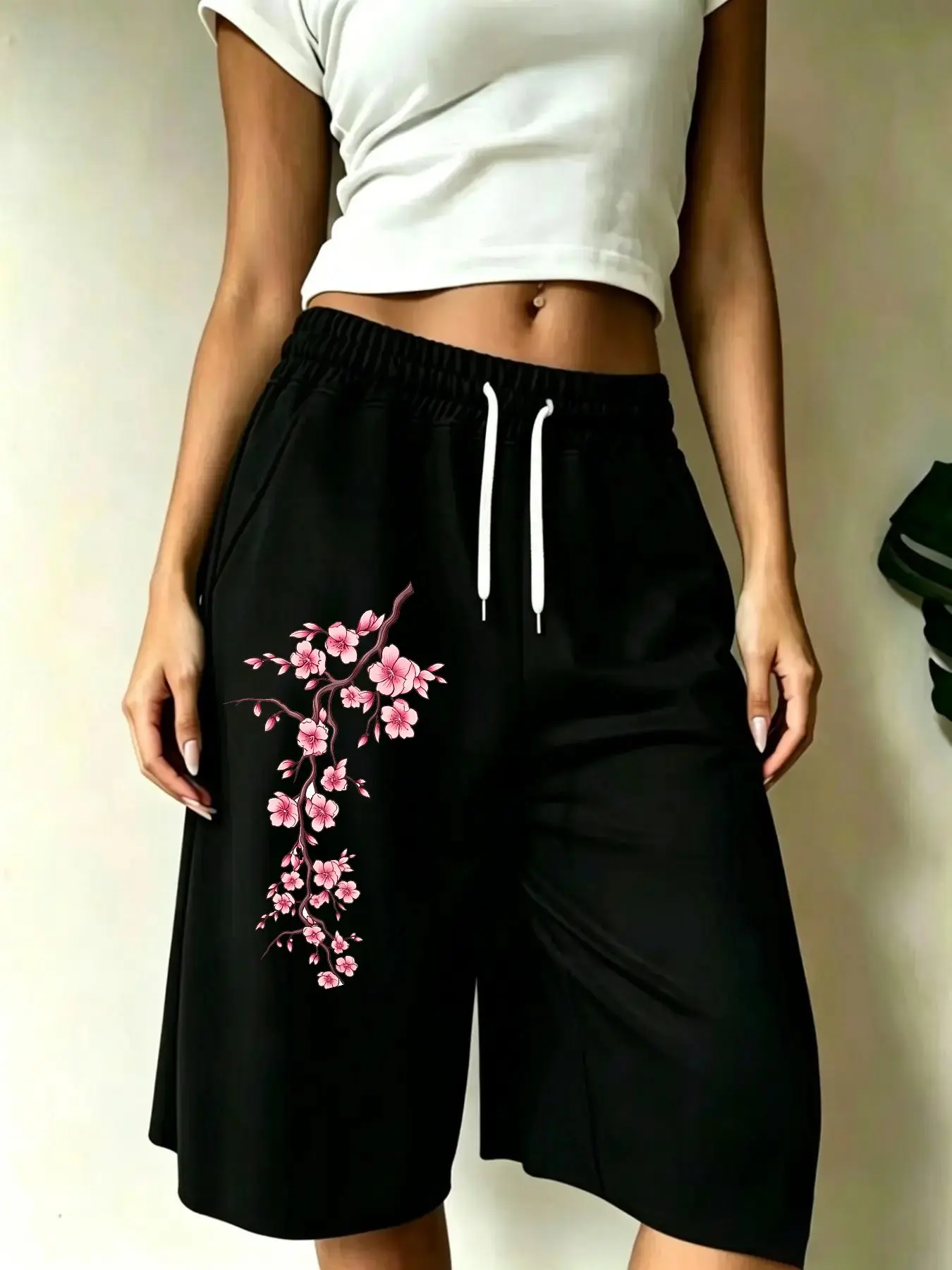 Cherry Blossom Print Elastic Drawstring Wide Leg Bermuda Shorts, Women's Y2K Streetwear Casual Home Summer Loose Fashion Shorts