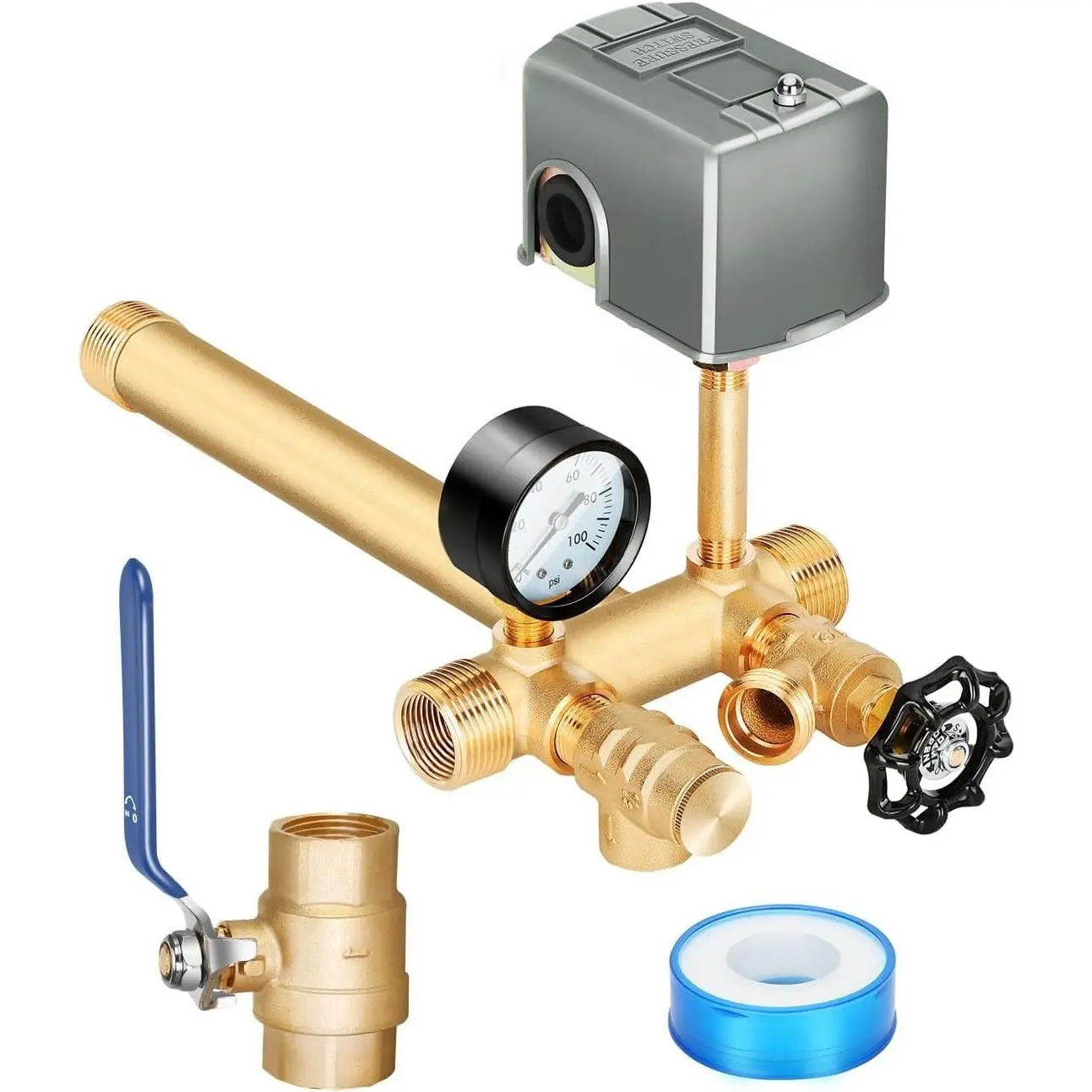 1"x 11" Well Pressure Tank Tee Kit with 40-60Psi Pressure Switch | Ball Valve, 100 Psi Pressure Gauge, Relief Valve, Drain Valve, Well Tank Tee Kit for Pressure Tank with Diameters Up to 16"