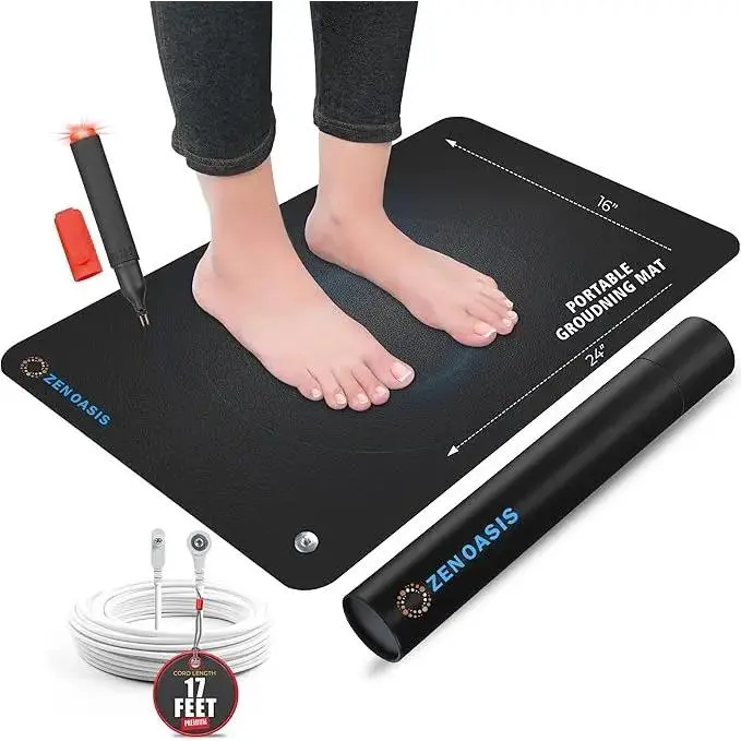 Grounding Mat 24"x16" with Conductivity Tester for Conductive Carbon Used for Pain Relief, Improved Sleep and Wellness with 17-Foot - Non-Slip Earthing Mat for Home, Office, and Gym