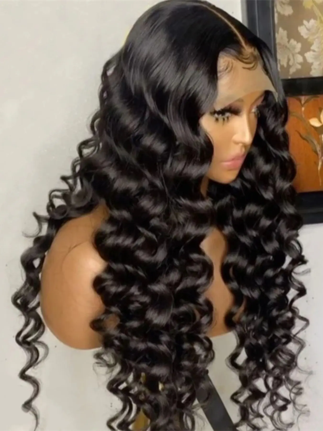 Soft Long 26-Inch 180 Density Natural Black Deep Wave Curly Lace Front Wig, Glueless Pre-Plucked Heat Resistant Synthetic Daily Wear Hairpiece Pre Plucked Wigs