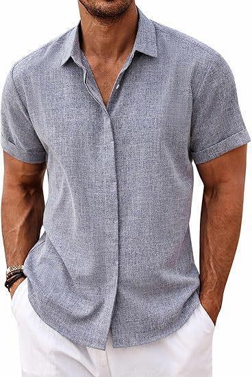 European and American Men's Linen Shirt Short-Sleeved Casual Button-Up Top for Beach Summer Vacation Menswear
