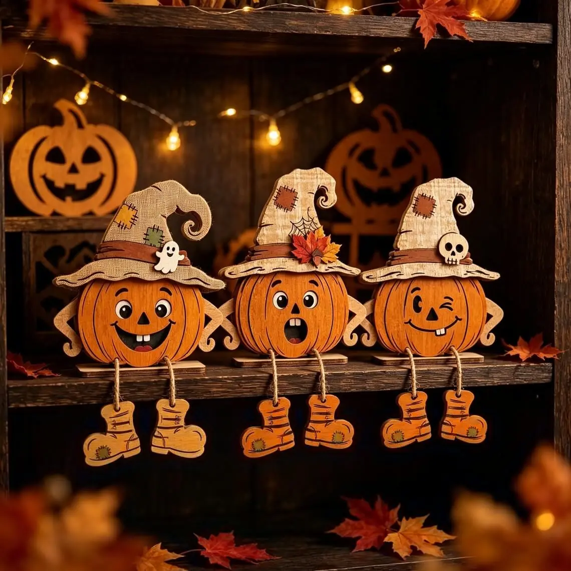 3 Piece Wooden Pumpkin Desktop Decor, Cute Witch Hat Pumpkin Shelf Decoration, Retro Halloween Fireplace Ornament, Fall Harvest Home Gift
