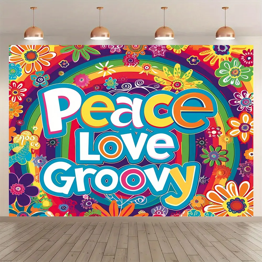 Hippie Bohemian Peace Love Backdrop, Groovy 70s Carnival Party Banner, Retro Aesthetic Room Decor Tapestry, Festival Event Photography Prop