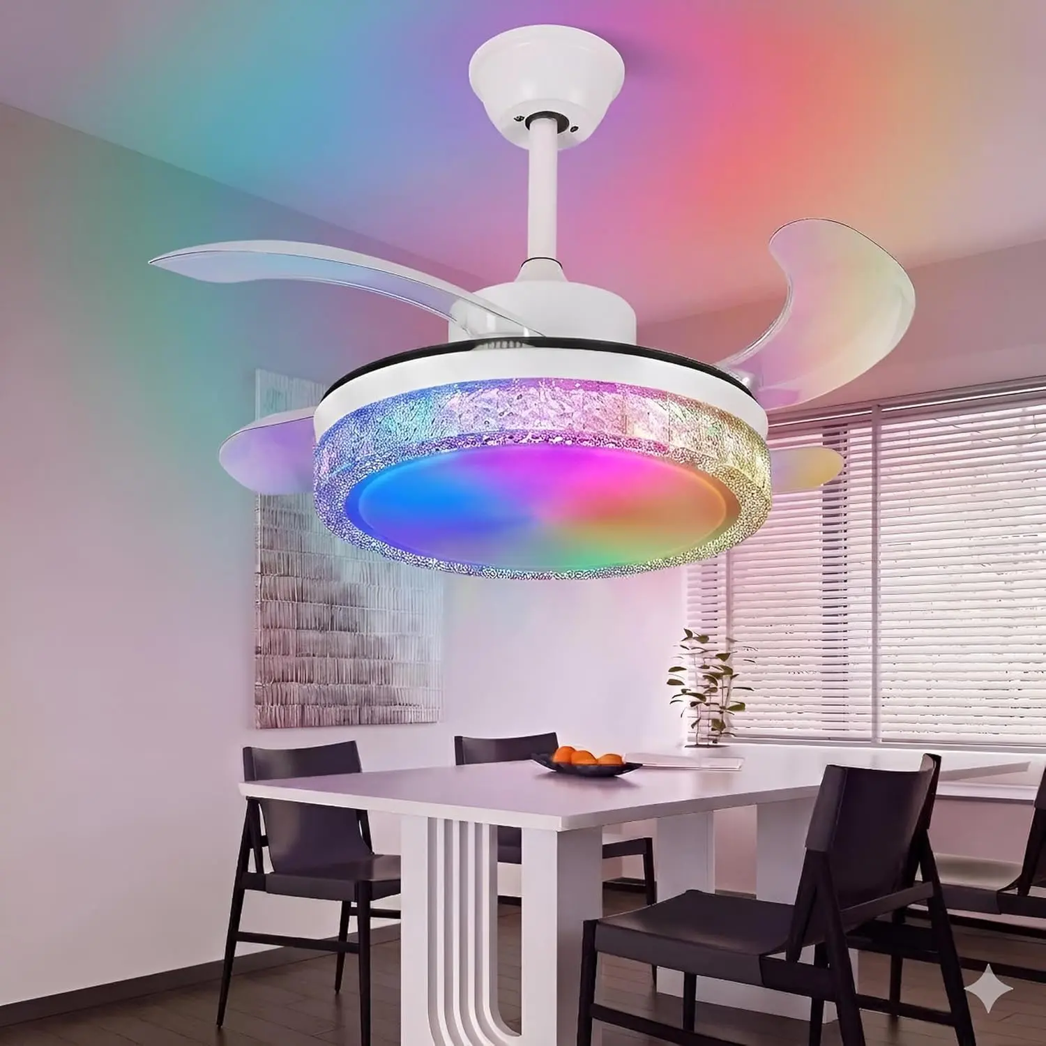 36"  Retractable Ceiling Fan with  Speaker for  Room, RGB Color Changing  Fandelier with App/Voice Control, Works with Alexa &  , Dimmable LED & Quiet
