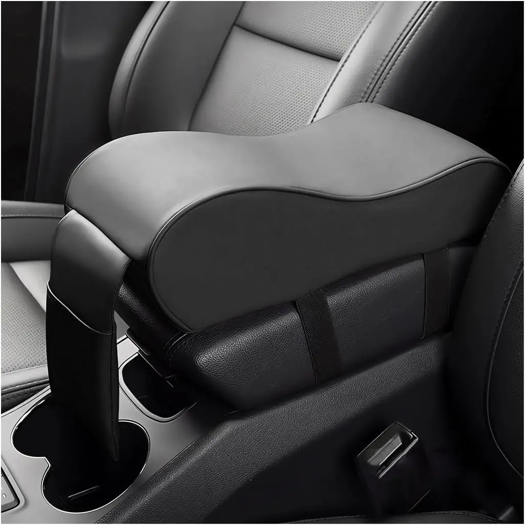 Armrest Cushion, Soft Memory  Auto Armrest Pillow with Storage Bag, Leather Center Console Arm Rest Padded Cushion with Phone Holder,   Accessories (Black)