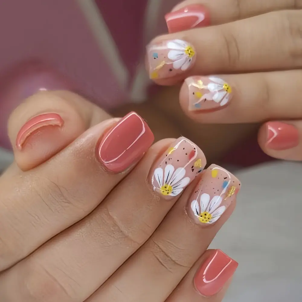 24pcs Short Square Shape Nail Art Set, Nail Art Supplies, Nail Art Designs, Elegant Sunflower Design Dot Stripe French False Nails, Spring Summer Fashion Removable Press-On Manicure Kit