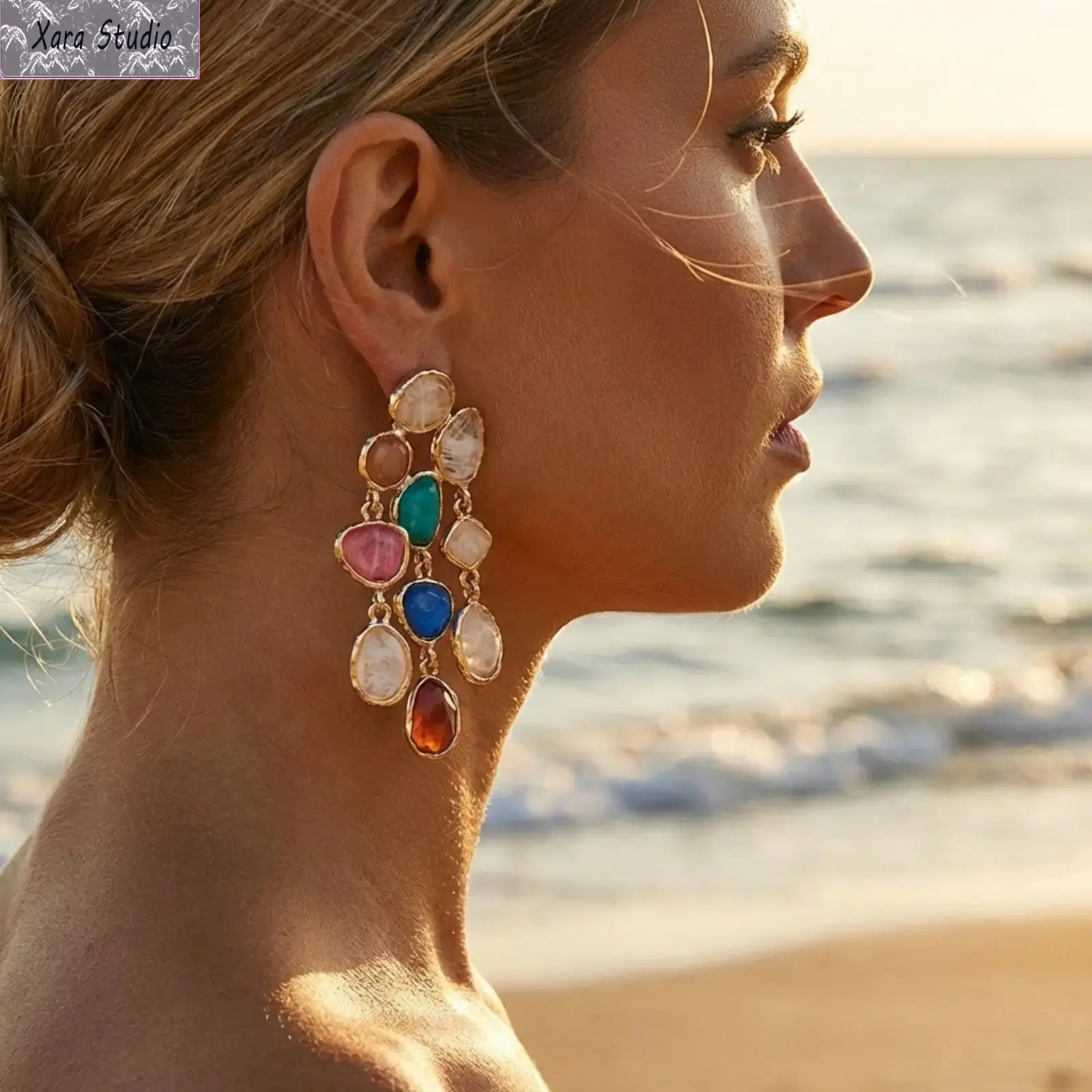 Women's Boho Colorful Stone Drop Earrings - Irregular Resin Statement Jewelry, Stainless Steel & Plastic, High-Quality Handmade Summer Beach Gift