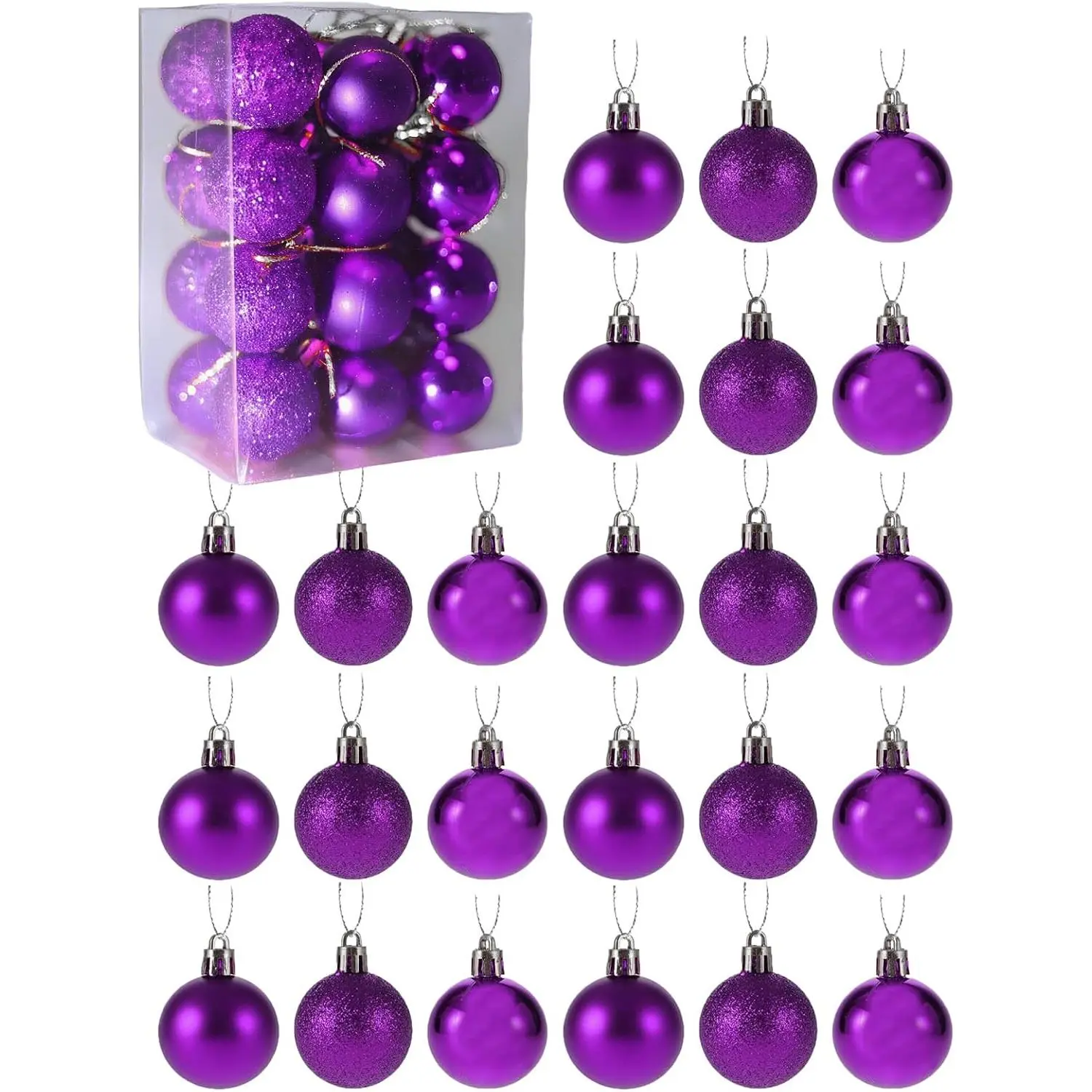 Purple Classic Small Shatterproof Christmas Ball Ornament Set - 24 Mini 3cm/1.1in Hanging Ornaments for Holiday Decor, Gifts (Christmas, Wedding)