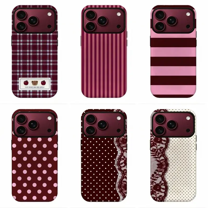 Burgundy Coquette Aesthetic Shockproof Phone Case, Plaid Stripe Polka Dot Protective Cover for iPhone 11 12 13 14 15 16 17 18 Promax/Pro/Plus and for Samsung S21-S26, Trendy Phone Accessory, Lovely Birthday Gift, Perfect Holiday Gift