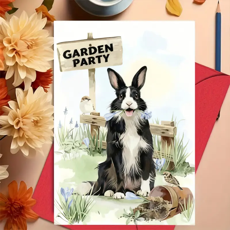 1 garden party greeting card with cute rabbit illustration, blank inside, suitable for friends and family, birthday invitation
