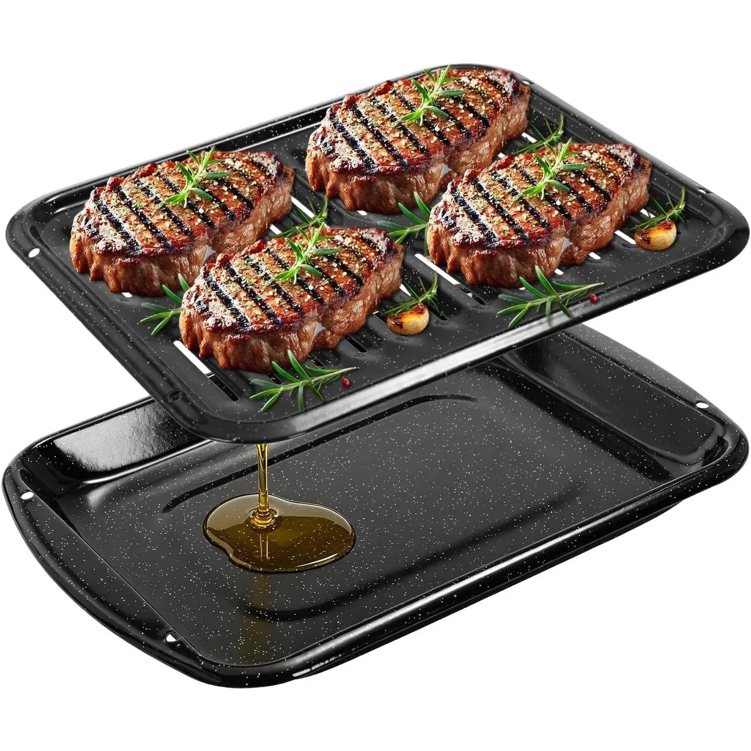 16.7" Broiler Pan for Oven with Rack, Porcelain Enamel Roasting Pan Set, Nonstick Broiling Pan for Oven,Heavy Duty Grill Pan & Drip Tray for Baking, Grilling & Roasting Bacon, Steak, Meats