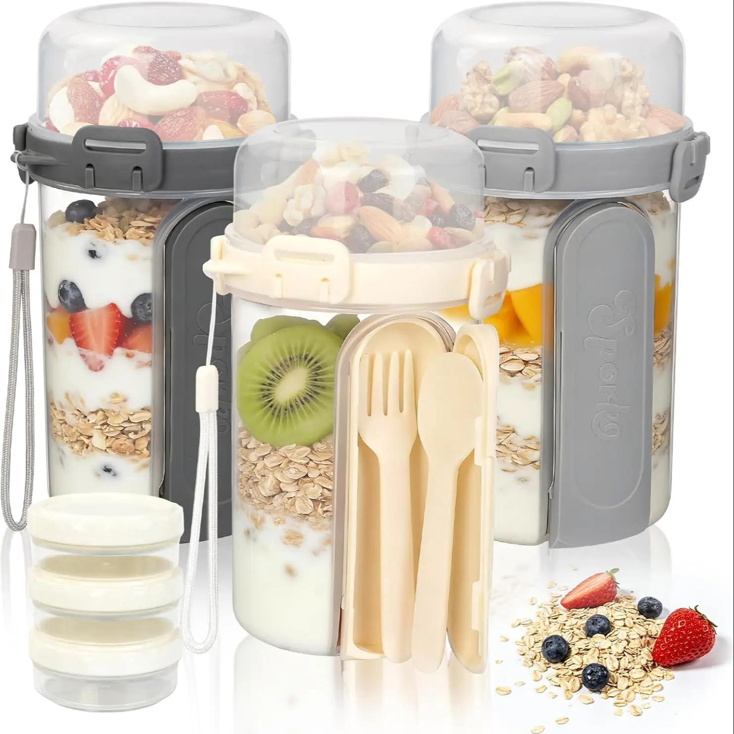 3 Pcs Overnight Oatmeal Jars, Portable, Double-Layered Yogurt Cups with Lids, Separates Dry and Wet Ingredients, Comes with A Spoon and Fork, Convenient for Carrying Breakfast Cereals, Nuts, and Fruit. Leak-Proof, Reusable Breakfast Cups.