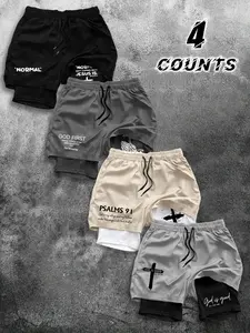 Summer Trend Cross Faith Fake Two-Piece Sport Shorts, Street Gothic Design, 4 Pcs Set, Multiple Styles and Colors, Casual Summer