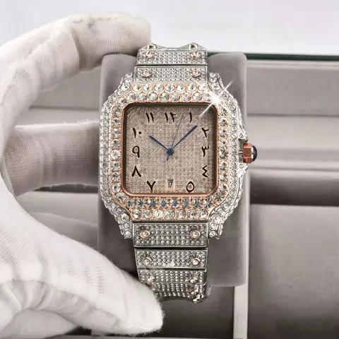 Men's Analog Watch, Luxury Square Diamond Studded Timepiece with CZ& Moiss Design for Business or Party Events, Water-Resistant, Analog Watches, Business Fashion Watches