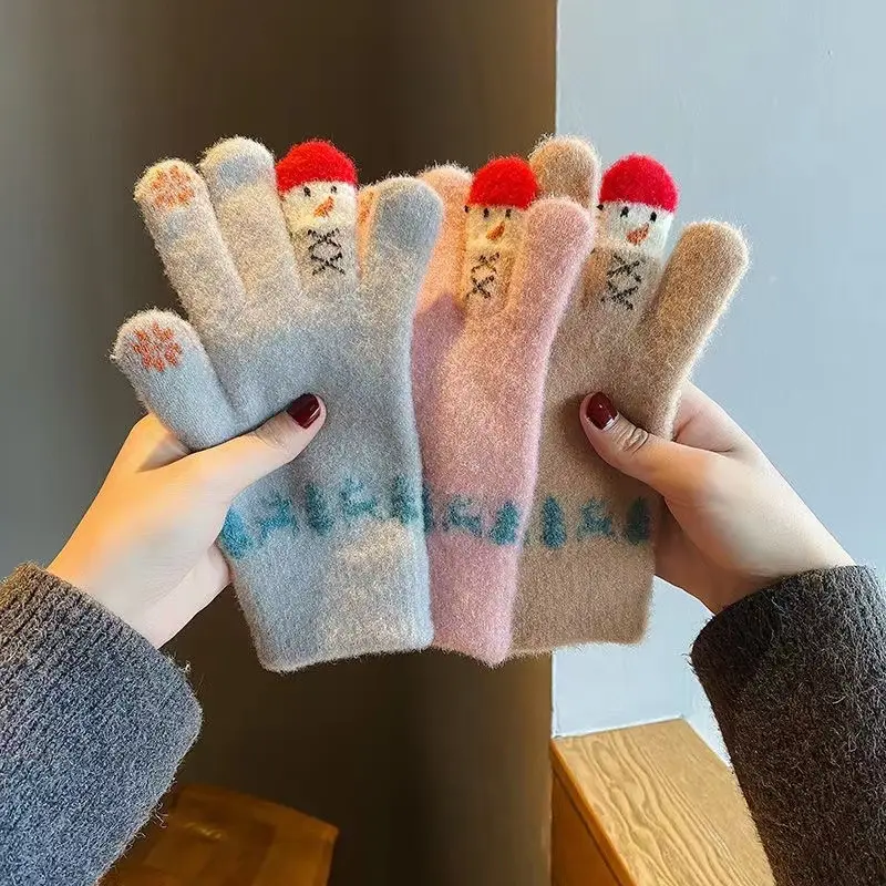 Women's Winter Gloves Wool Knitted Cute Snowman Design Touch Screen Thickened Warm for Cycling Five Fingers