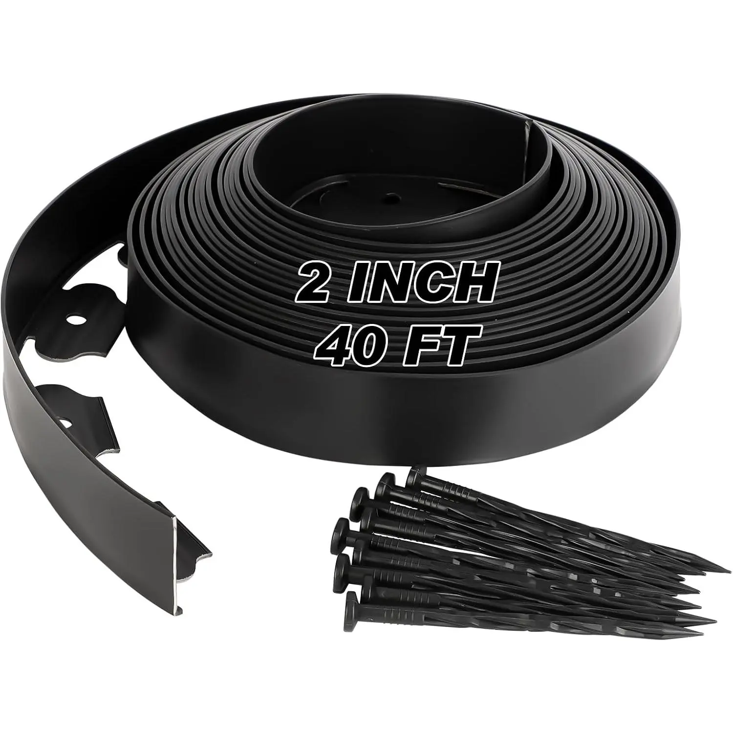 No Dig Landscape Edging 2 Inch x 40 FT, Heavy Duty Flexible Plastic Garden Border with 50 Spiral Spikes, Lawn Edging for Flower Beds, Walkways, Tree Rings, Mulch Beds and Landscaping, Black