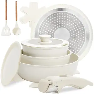 10 pcs Pots and Pan Set Non Stick with Detachable Handle, Ceramic Cookware Set for Stackable, Induction Kitchen Cookware Set for RV, Dishwasher & Oven Safe, Cream White