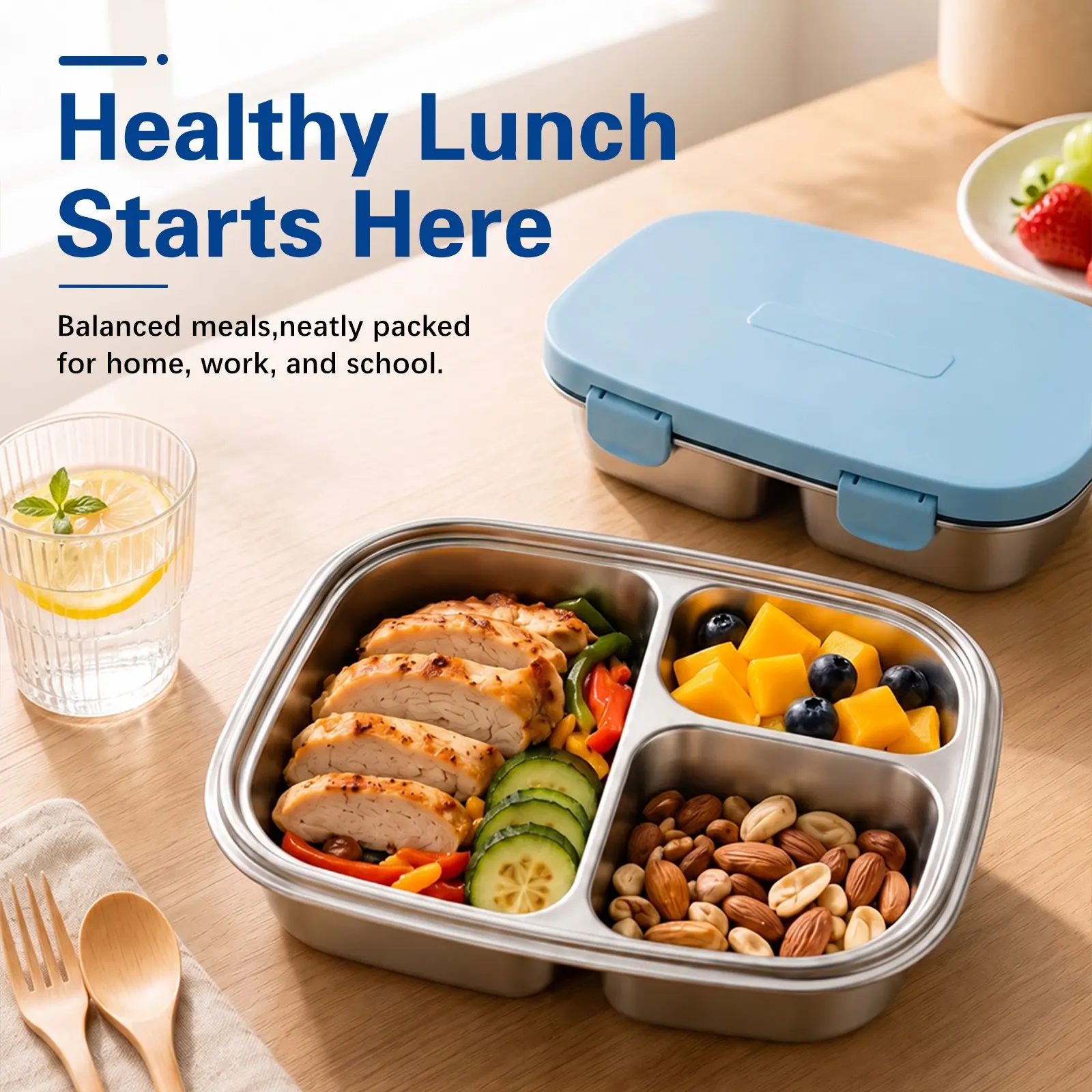 3 Compartment Stainless Steel Bento Lunch Box, Travel Lunchbox, Leakproof Portable Food Container, Dishwasher & Fridge Safe, Multi Pastel Colors for Travel