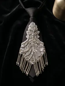 Vintage Rhinestone Fish Tail Tie, Matte Fabric with 3D Lace, Crystal & Metal Beads, Long Tassel, Unisex, Perfect for Events