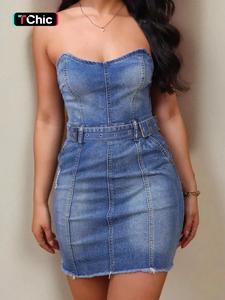 women's ripped pocket belted denim vintage tube dress, valentine's day fashion casual sleeveless strapless raw hem bodycon mini dress for daily outdoor wear, gift, ladies dress for all seasons