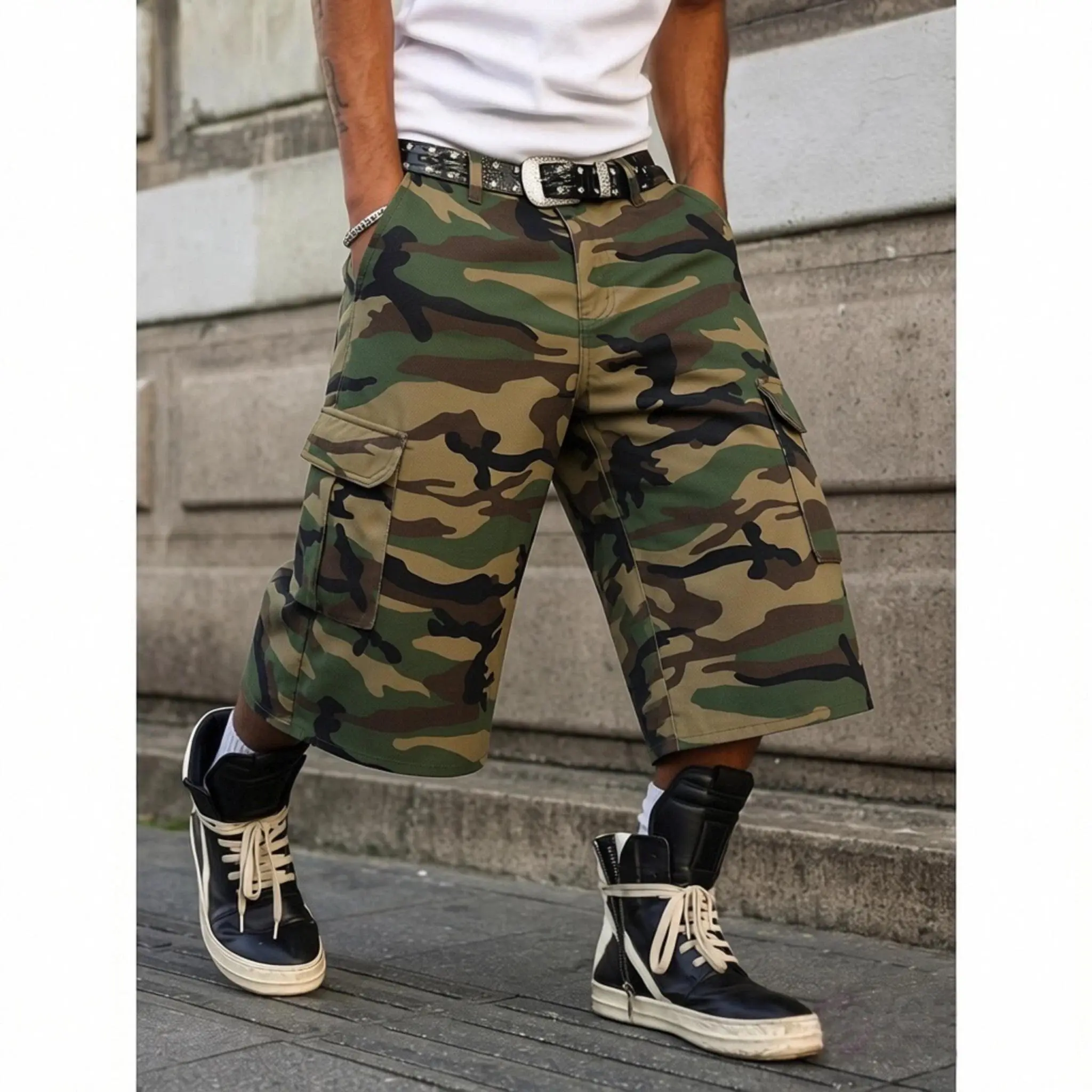 Casual Cargo Pockets Camouflage Frayed Hem Loose Denim Shorts Jorts Going Out Hang Out Streetwear