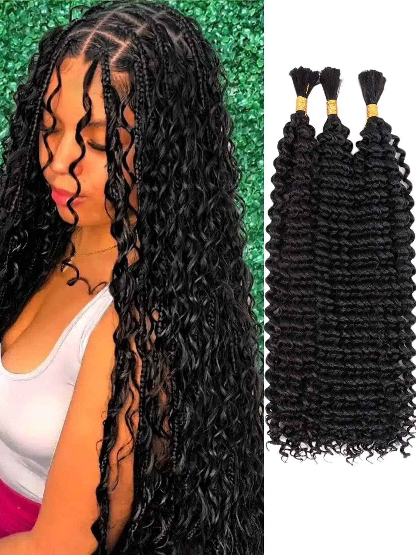 Deep Wave Bulk Hair For Braiding Hair 20inch Wet And Wavy No Weft Quality Synthetic Braided Fiber Hair Braiding Extensions For Boho Braids Black Color 3Bundles/Pack