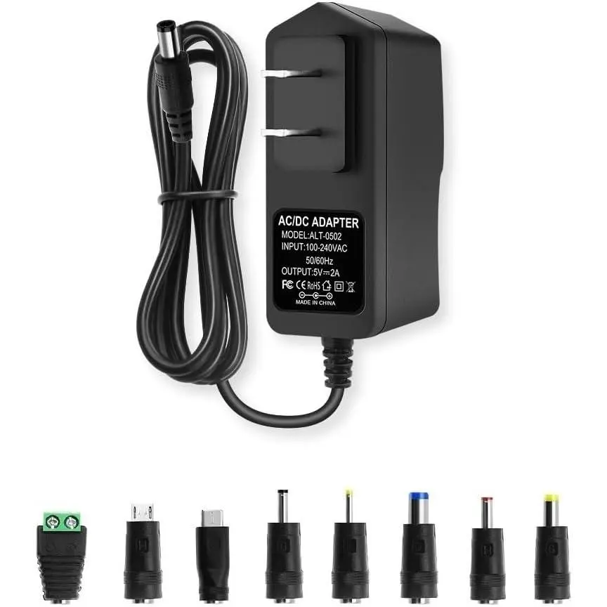 5V 2A Power  Adapter, AC to DC 5V Power Adapter Cord, 100-240 50/60Hz AC Input to DC 5Volt 2Amp  Transformer, 5.5mm x 2.5mm Plug & 8 Tips