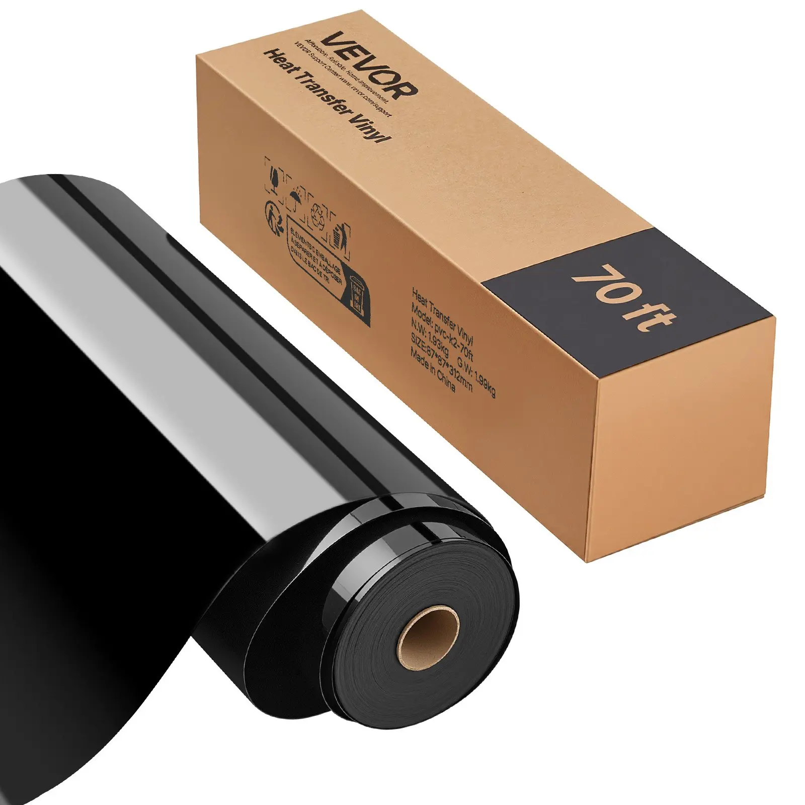 VEVOR 12"x70ft Glossy Black Heat Transfer Vinyl Roll, Easy to Cut & Weed, Strong Adhesion, Cutting Machine Compatible, for T-shirts, Pillows (Indoor Furniture Accessory for Bed Decor Enhancements)