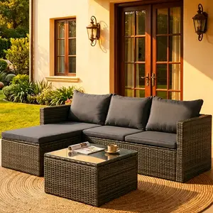 5 Piece Patio Furniture Set Outdoor Sectional Wicker Patio Furniture with Glass Table and Cushions, All-Weather Wicker Rattan, Grey