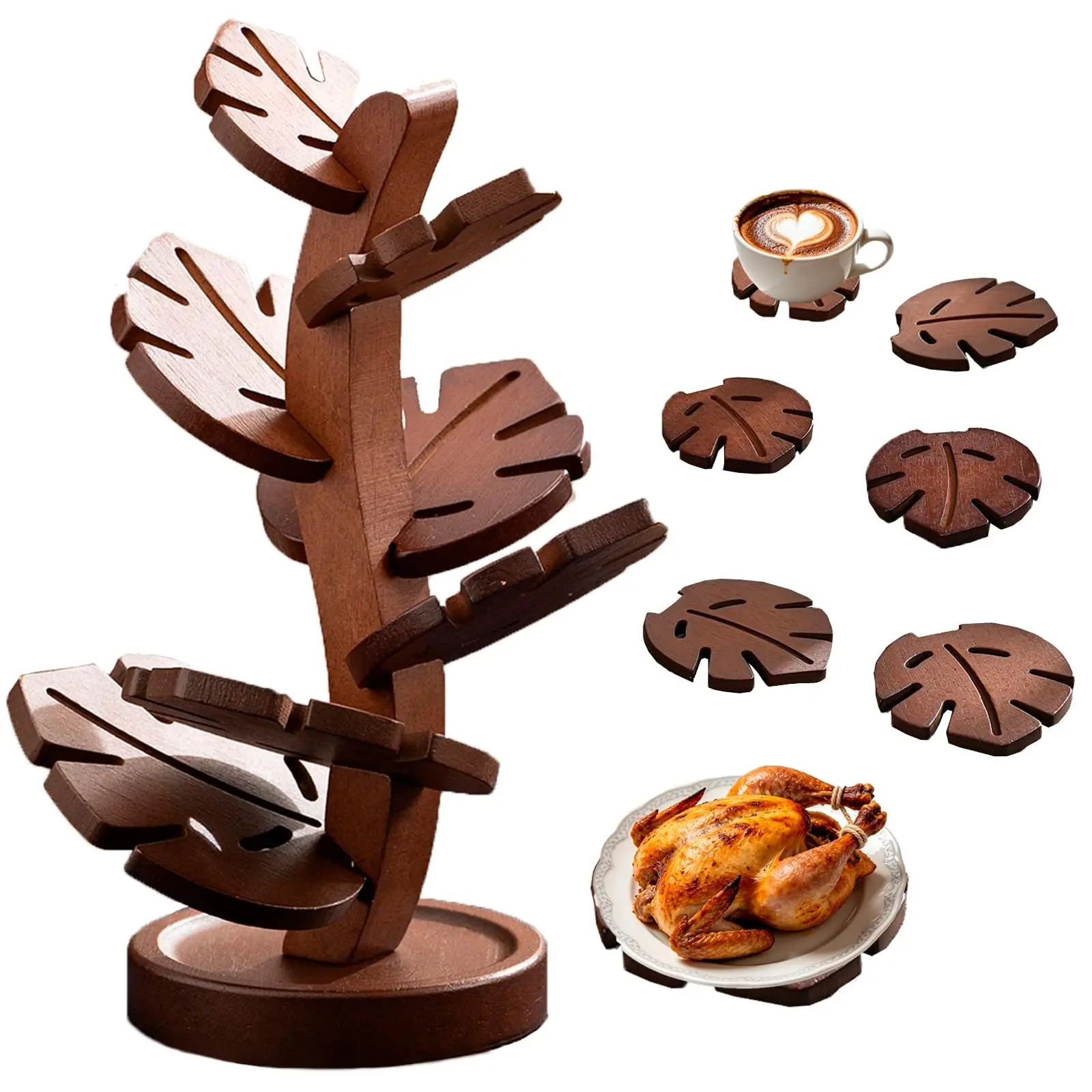 7 Pack Tree Shape Wooden Trivet Set with Stand, Heat Resistant Hot Dish Coasters | Solid Wood trivet mat, heat resistant non-slip, protects countertop from hot pots for kitchen & dining table