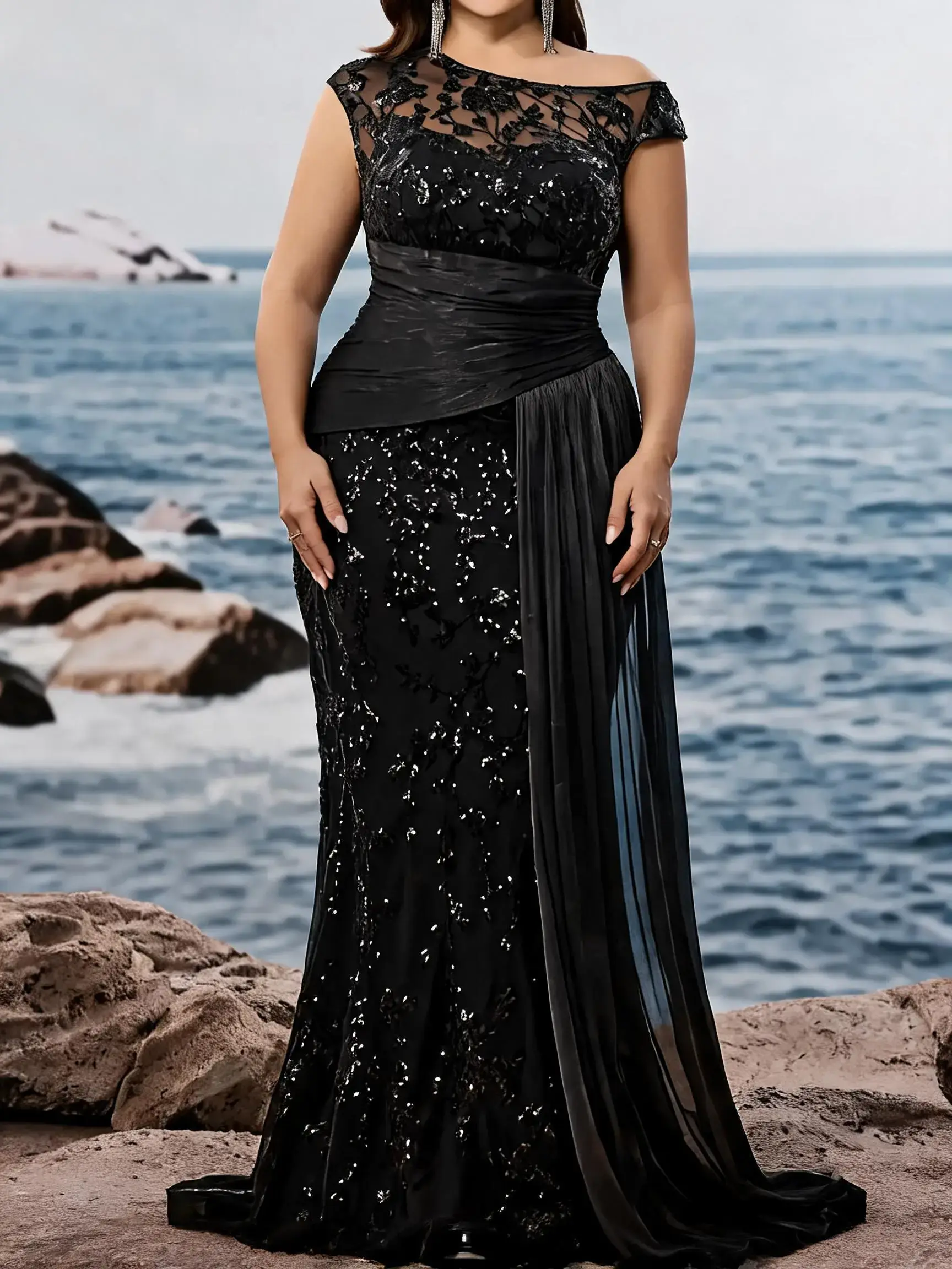 Elegant Aesthetic Long Formal Wear Evening Gown, Fitted Sequined Asymmetrical Neckline, Waist Tie, Ruched Hem, Embroidered Butterfly Sleeves, Mermaid Tail Design, Womenswear