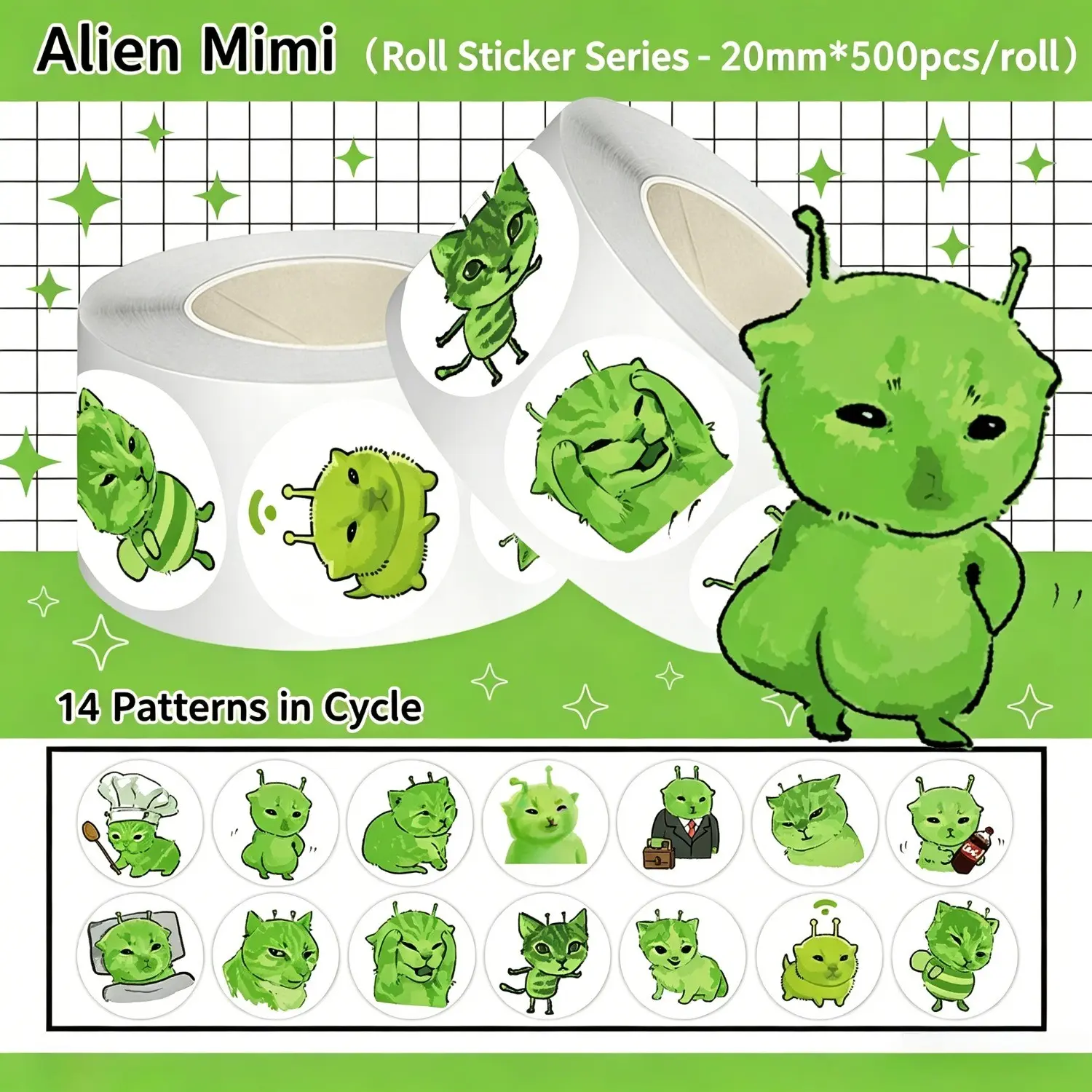 500Pcs Alien Cat Sticker Roll, funny abstract face decals, Decorative Decal, Stickers for daily DIY decor and gifts. #AlienCatStickers #StickerRoll #FunnyStickers #AbstractStickers #DIYDecor #GiftStickers