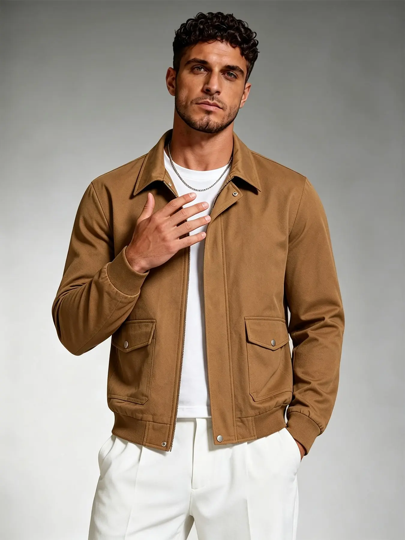 Men's Lapel Collar Long Sleeve Full Zip Bomber Jacket, Snap Flap Pocket, Elastic Cuff, Casual Work Coat, Smart Daily & Business