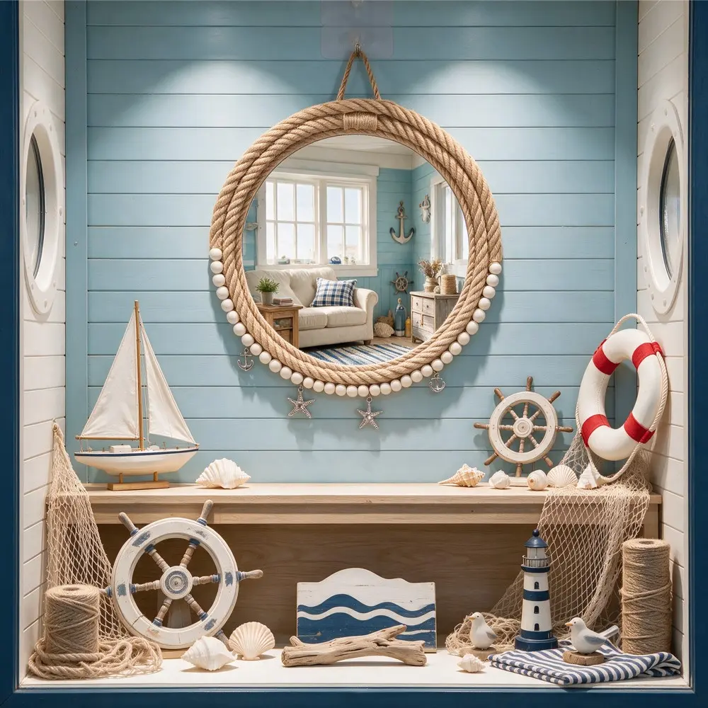 1pc Round Rope Wall Mirror, Nautical Coastal Boho Style, Handwoven Jute Frame with Starfish & Anchor Bead Decor, Hanging Decorative Mirror for Beach House Bathroom Living Room Home Wall Decor