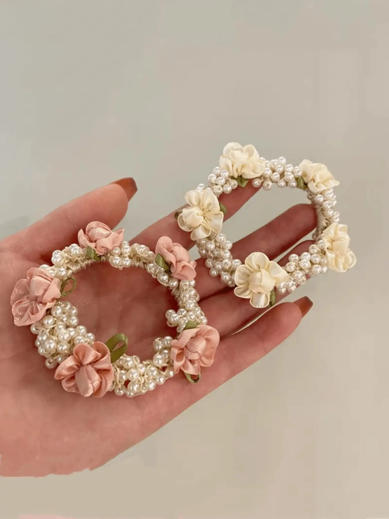 Handmade Faux Pearl Fabric Flower Hair Scrunchies, Floral Hair Accessories, Soft & Comfortable, Non-Damaging, Feminine, Ideal for Work, Teas, Gatherings, Travel