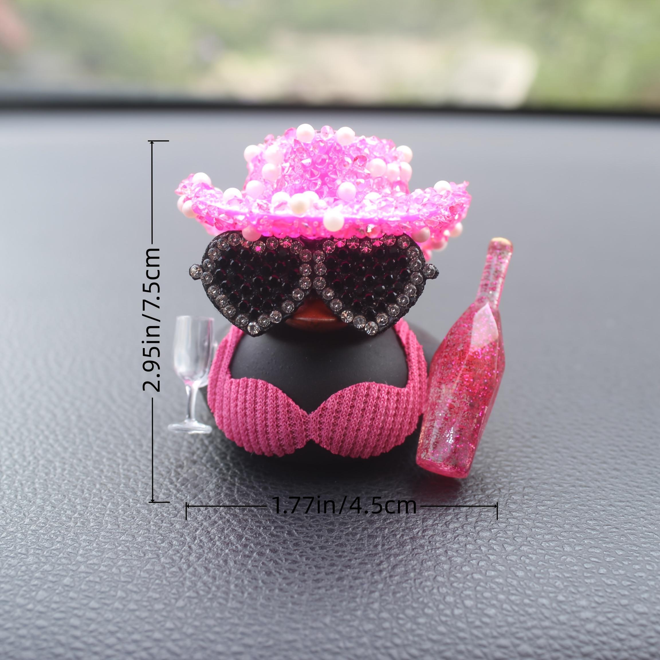 Cute Duck Car Dashboard Ornament Set, Black Duck with Pink Glitter Hat and Champagne Bottle Decor, Funny Car Interior Accessory for Dashboard, Motorcycle, Bicycle, Party Gift