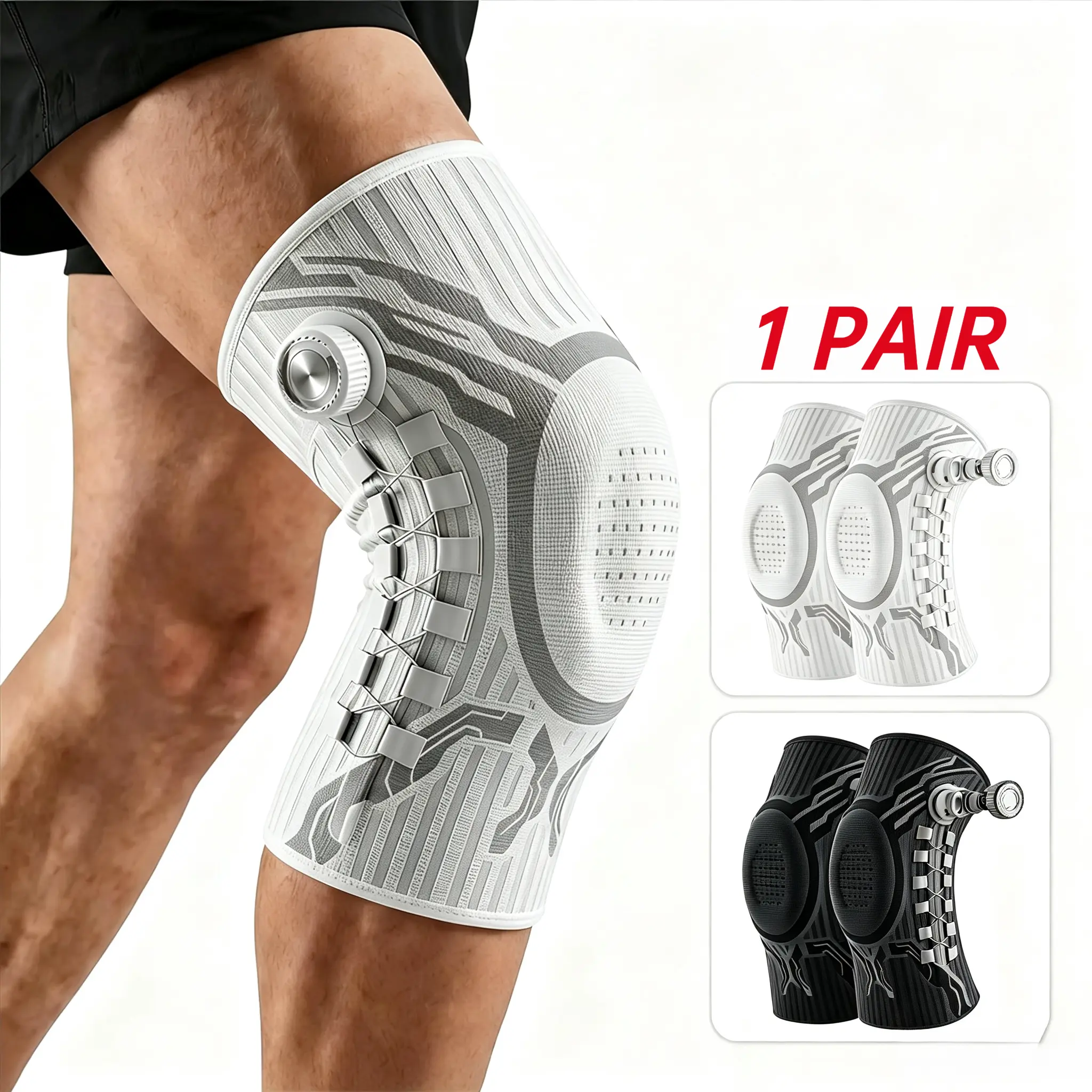 1 Pair Dial-Adjustable Knit Knee Support Brace with Spring Stabilizers & Silicone Shock-Absorbing Compression Sleeve for Basketball, Running
