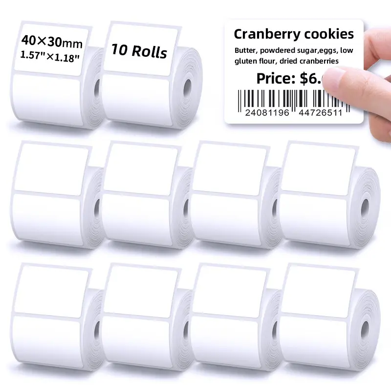 10 Rolls 40x30mm Thermal Self-Adhesive Labels, Waterproof, Oil-Resistant, Durable, Clear Print, Compatible with M110/m120/b21/b3s/m220/m108 Printers