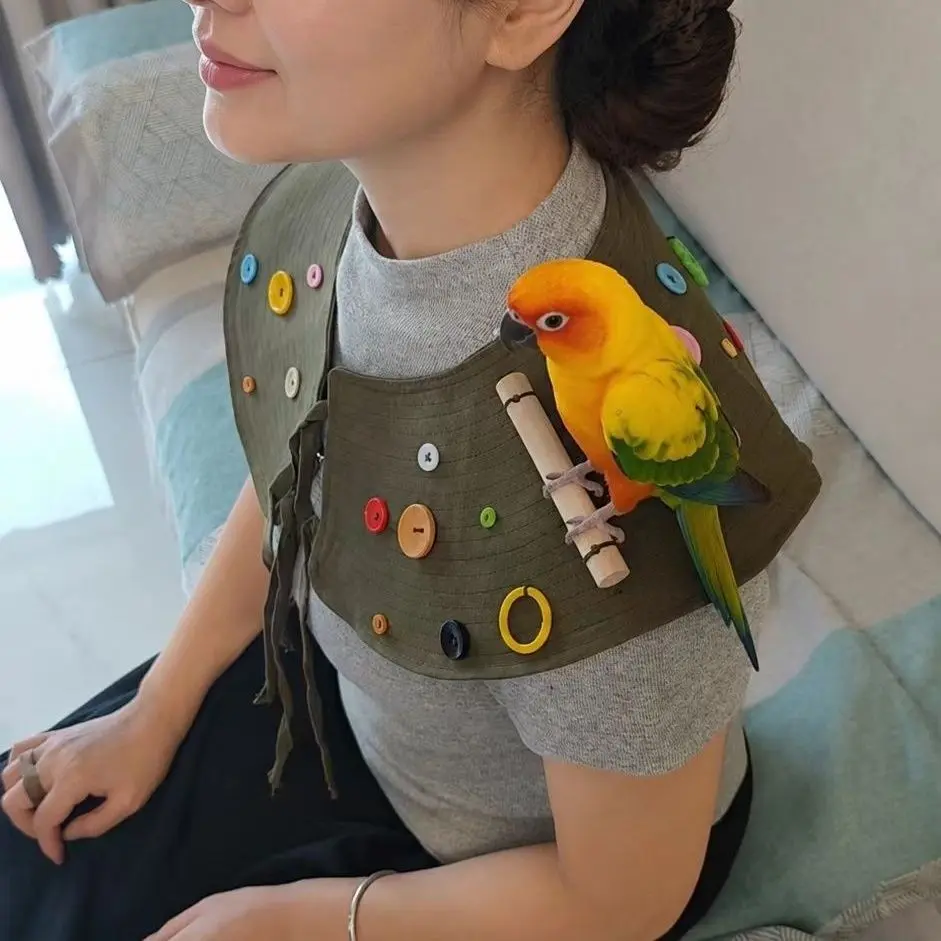 Parrot Shoulder Cape | Anti-scratch & bite training cover | Training Aid | Washable multi-use shoulder pad | Color button toy pad | Anti-dirt shoulder protector | For cockatiel, lovebird, budgie, parrots, home/outdoor use