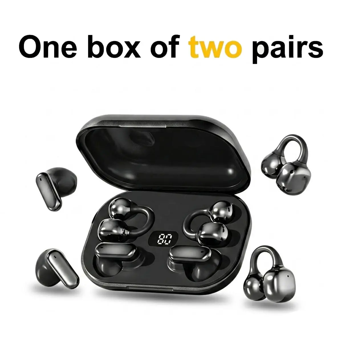 Two Pairs Couple Wireless Bluetooth Earbuds, Bluetooth 5.4 Open Ear Clip-On & In-Ear Dual Style Earphones with LED Battery Digital Display, Stereo Bass Lightweight Sport Earbuds for Workout Gaming Music Movie, Ideal Present Gift for Family Friends Holiday