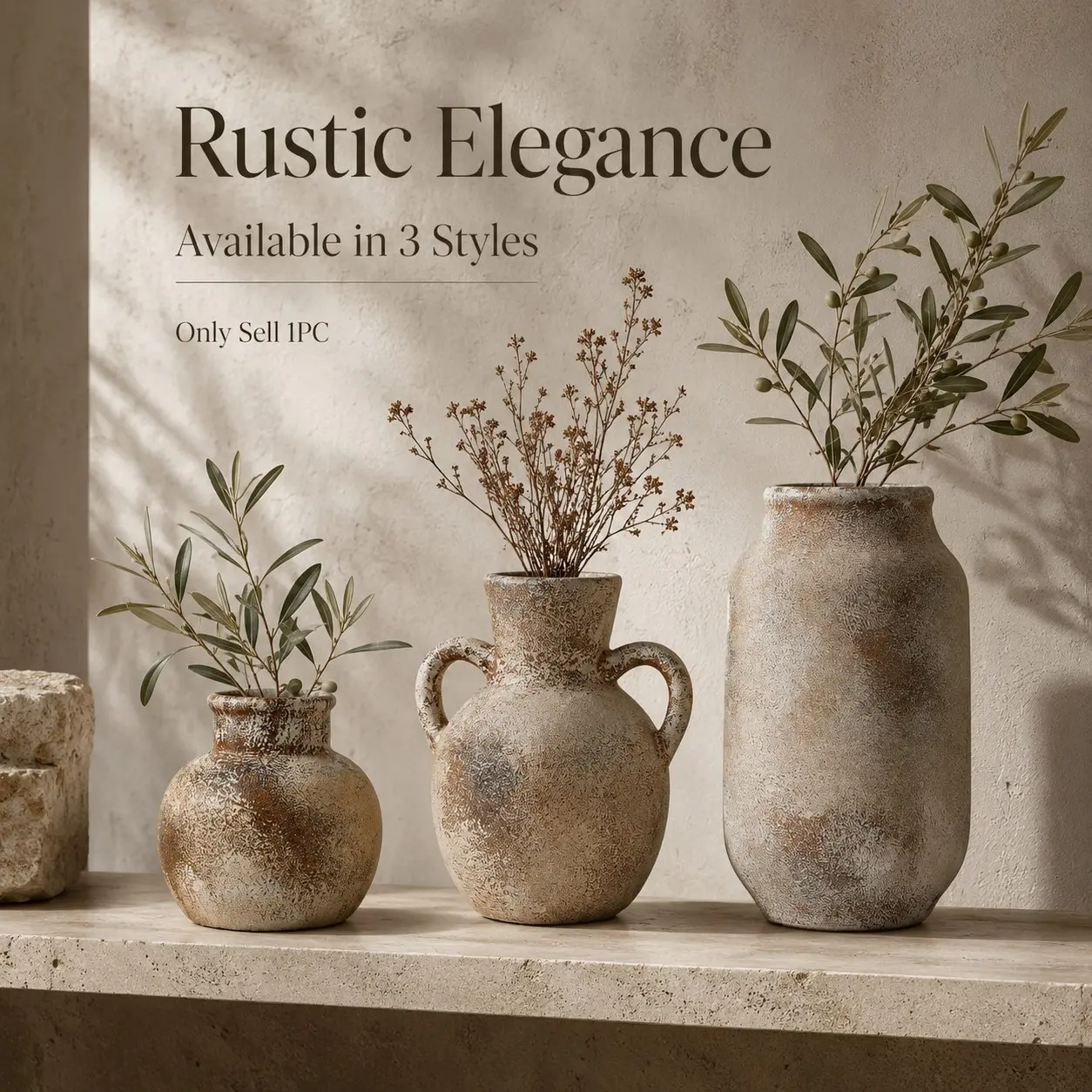 Rustic Ceramic Vase Set of Three, Vintage Terracotta Decorative Vases, Home Decorative Vase, Bohemian Style, Boho Vase, Ideal for Dining Table, Living Room, Shelf, Entryway