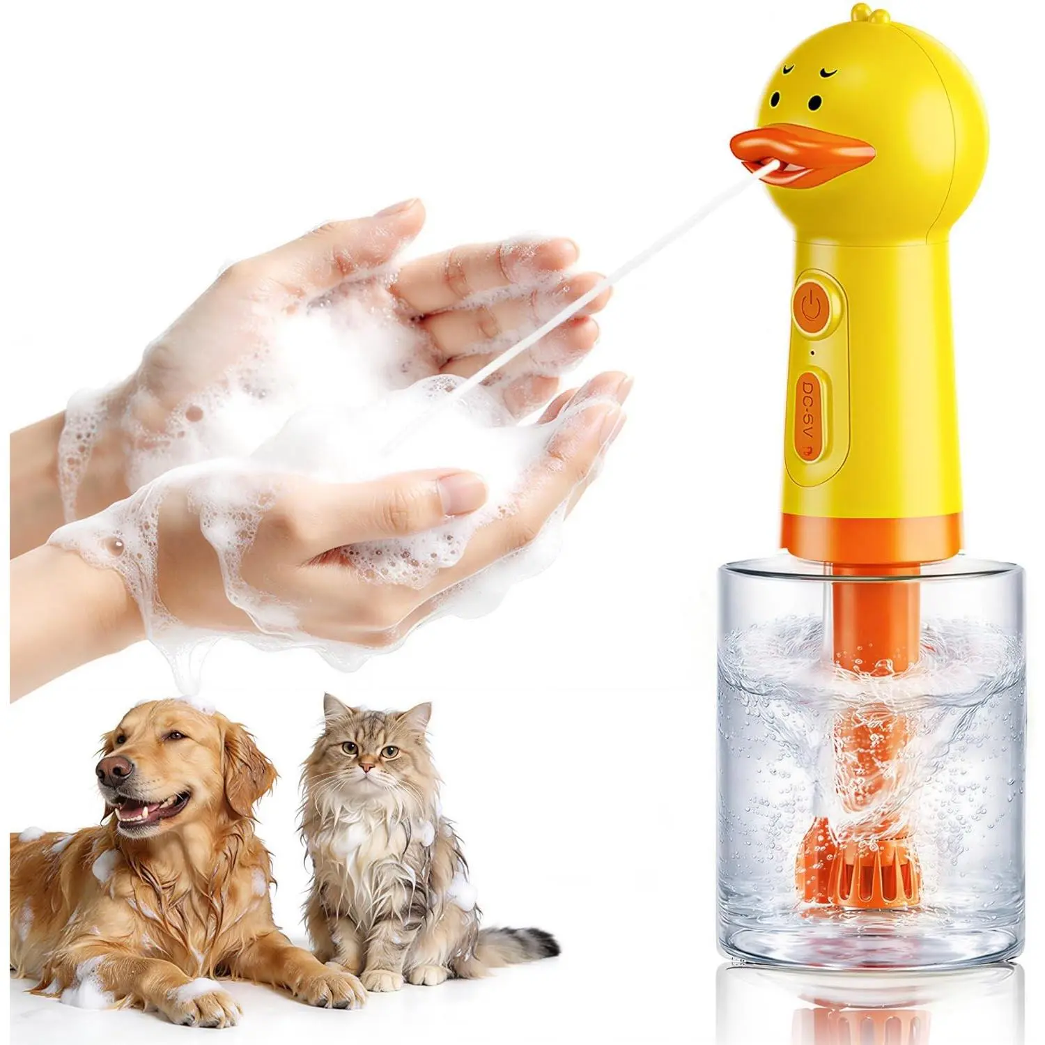 Electric Duck Foam Sprayer with Automatic Foaming Soap Dispenser, Rechargeable Dog Shampoo Dispenser, Suitable for Dog Bath, Kitchen and Pet Cleaning,10.08 × 3.27 × 3.27 inch