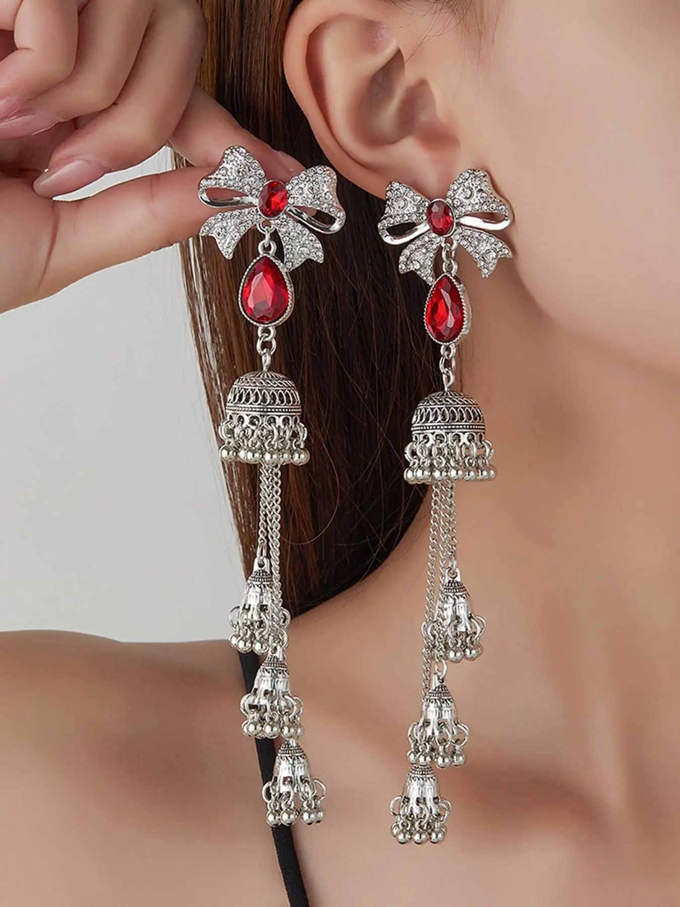 Vintage Silver Ruby Red Bowknot Jhumka Earrings for Women, Crystal Ribbon Bow Indian Bell Tassel Long Drop Earrings, Boho Gypsy Bollywood Y2K Baddie Statement Jewelry