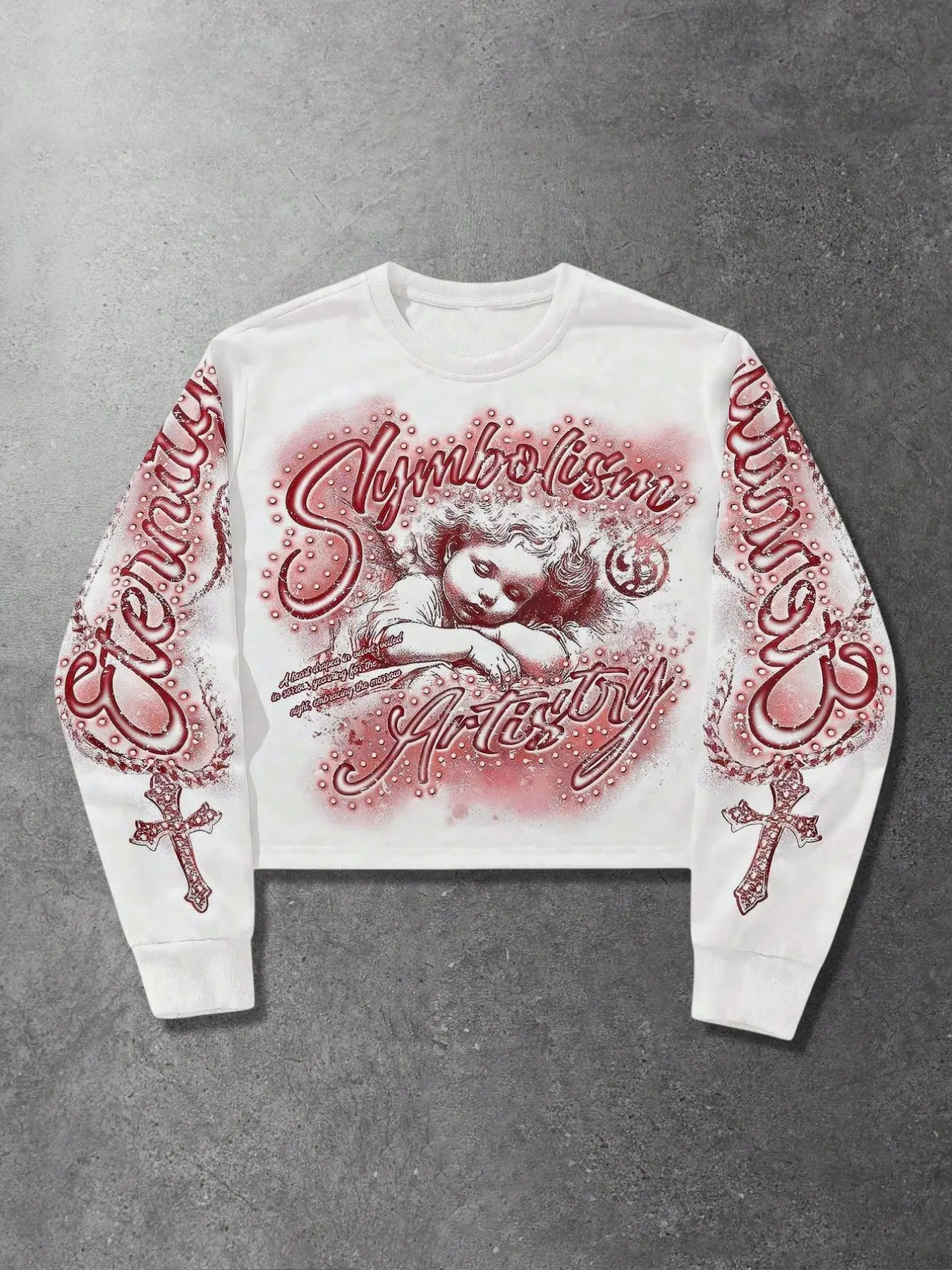 American Vintage Angel Cross Print Short Sleeve Streetwear Casual Sweatshirt for Men, High Street Gradient Graffiti Top, Loose-Fit Spring & Fall Fashion