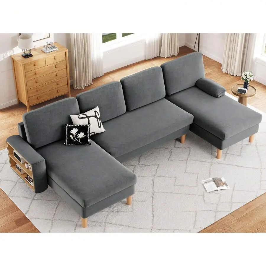 109'inch U-Shaped Sofa, 4-Seat Cloud Couch With Double Chaise, Storage Armrests & Cup Holder, Thick Cushions, Durable Wood Frame Living Room