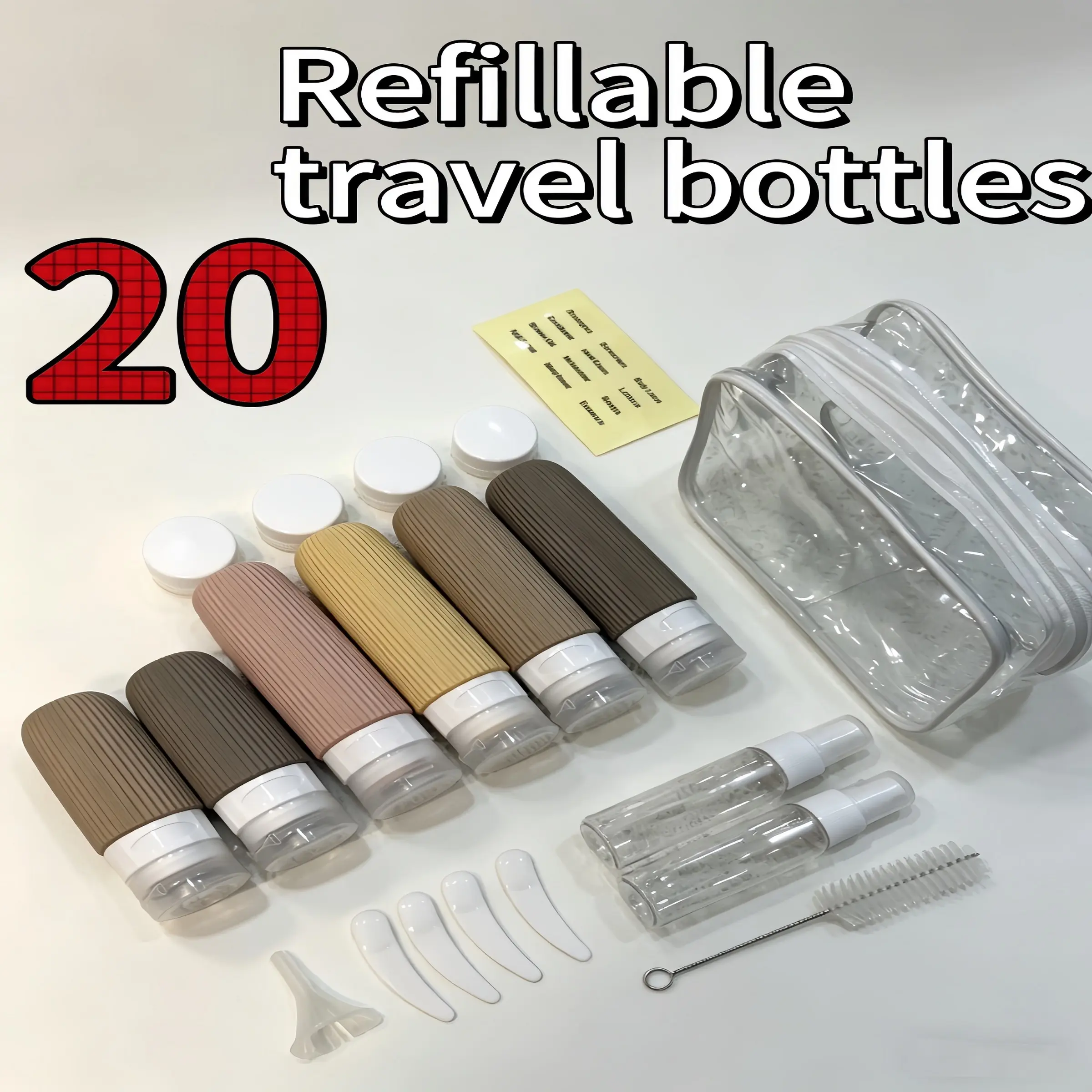 20 Piece Silicone Travel Dispenser Bottles, Food Grade Leak-Proof Squeeze Bottles, Portable Skincare Haircare Shower Gel Refillable Containers, Travel Bottles Set